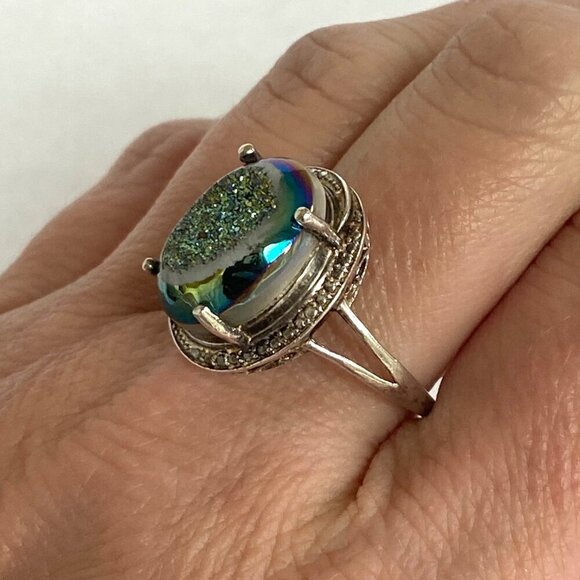 Sterling Silver 925 STS Oval Titanium Aura Quartz Druzy Ring Sz 8.5 - Picture 3 of 16